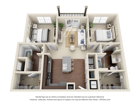 Floor plan for 2 beds, 2 baths, 1075 sqft